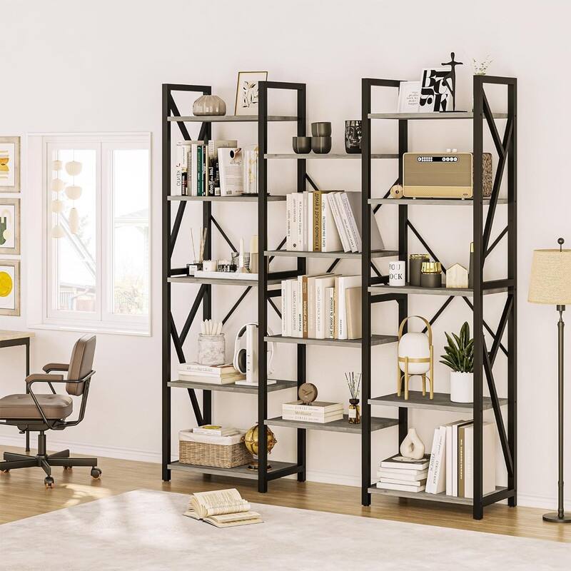 Triple Wide 5 Tier Book shelf,with Open Display Shelves - Grey