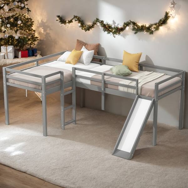 slide 2 of 18, Modern Twin Size Functional L-Shaped Loft Bed With Ladder And Slide for Bedroom Grey