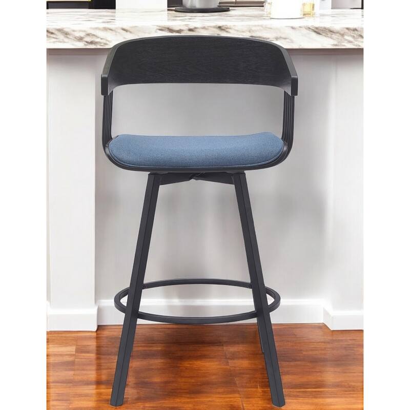 Modern Swivel Bucket Seat Bar Stool with Footrest and Armsrest Metal Frame for Kitchen Island - Black-Blue-27"