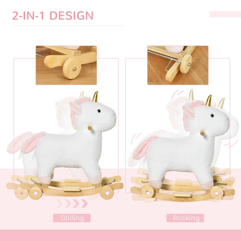 2-in-1 Rocking Unicorn Ride-On Toy with Soft Plush Seat and Wooden Base Fun Sound Features - 24.8" L x 15" W x 24.8" H