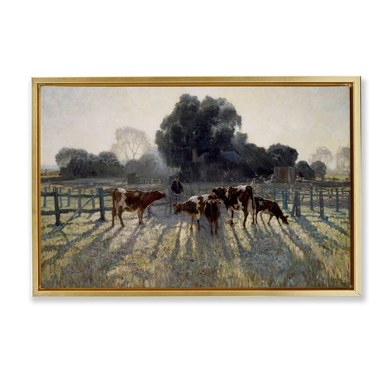 Stupell Elioth Gruner Morning Cows Framed Floater Canvas Wall Art Design By Arlington Prints - 31 x 21 - Gold