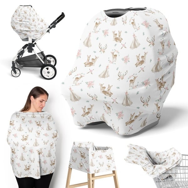 slide 2 of 6, Woodland Deer Floral Girl 5 in 1 Baby Car Seat and Nursing Cover Blush Pink Mint Green Boho Watercolor Bohemian Forest Animal