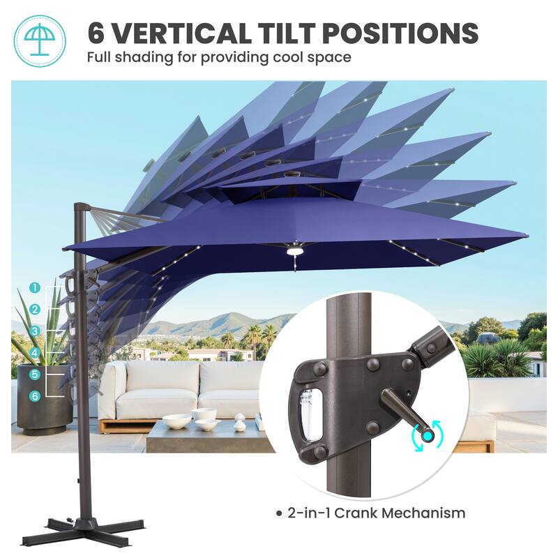 11 FT Square Outdoor Premium Double Top Solar Powered LED Patio Cantilever Umbrella