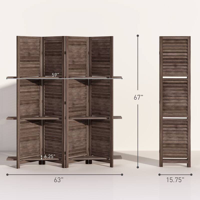 HOMCOM 4 Panel 67" Tall Wood Room Divider, Privacy Screen with 3 Display Shelves, and Folding Storage for Bedroom or Home Office