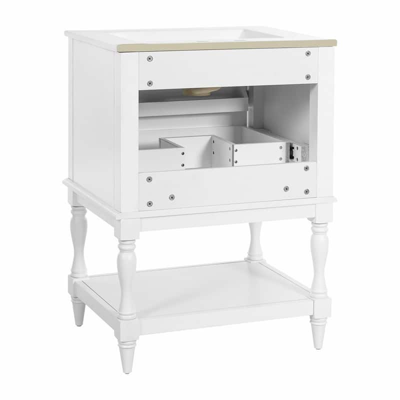 24" Bathroom Vanity with Ceramic Sink, Retro Open-Shelf Cabinet with 2 Drawers