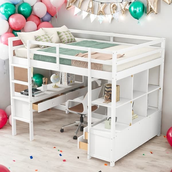 slide 2 of 18, Modern Full Size Loft Bed With Built-in Desk With Two Drawers And Storage Shelves And Drawers White