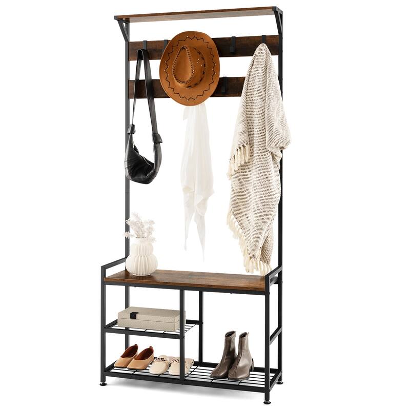 Costway 3-in-1 Coat Rack Industrial Hall Tree Shoe Bench Entryway - See Details - Rustic Brown - See Details
