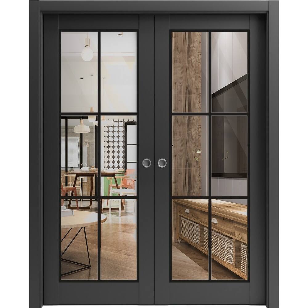 French Double Pocket Doors 36x80 Lucia 2366 Matte Black Kit Trims Rail