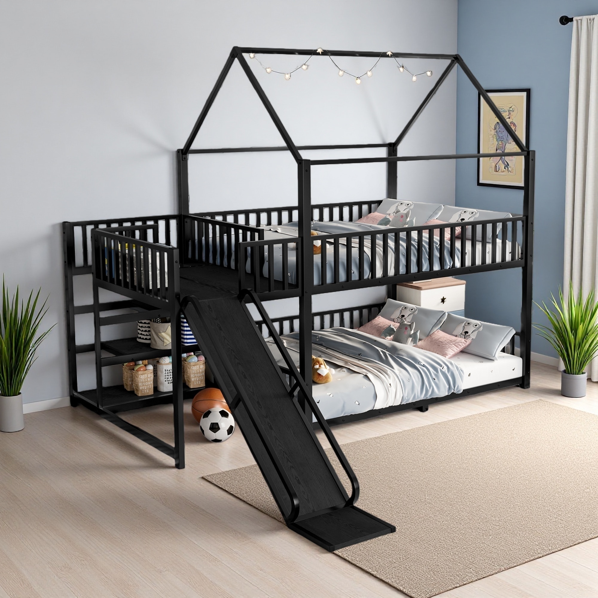 Full Metal House Bunk Bed with Storage Stairs, Slide & Safety Rails, Space-Saving Bunk Bed for Kids