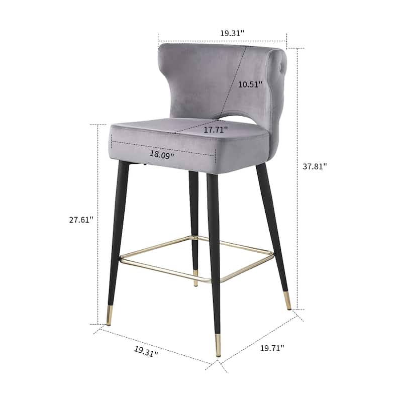 Mid-Century Modern Velvet Upholstered Barstools with Black Metal Legs