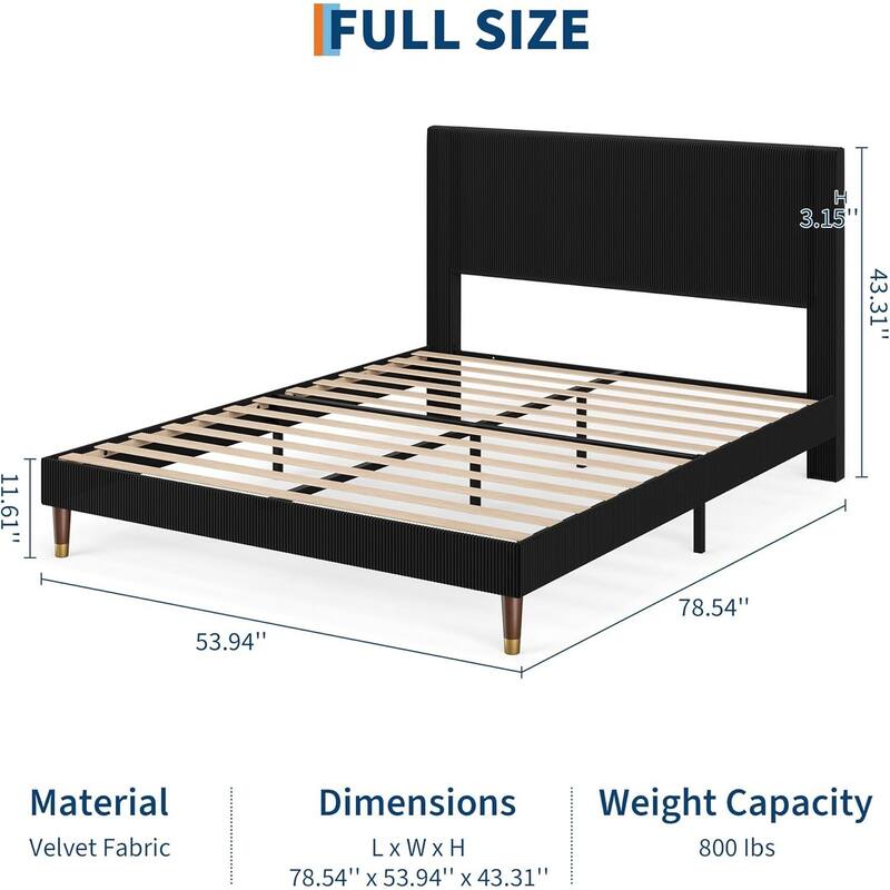 Soft Corduroy Fabric Platform Bed Frame with Upholstered Headboard, Black