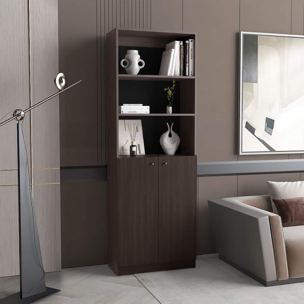 Home 2 Door Bookcase With Two Open Shelves And Concealed Storage, Stained Walnut