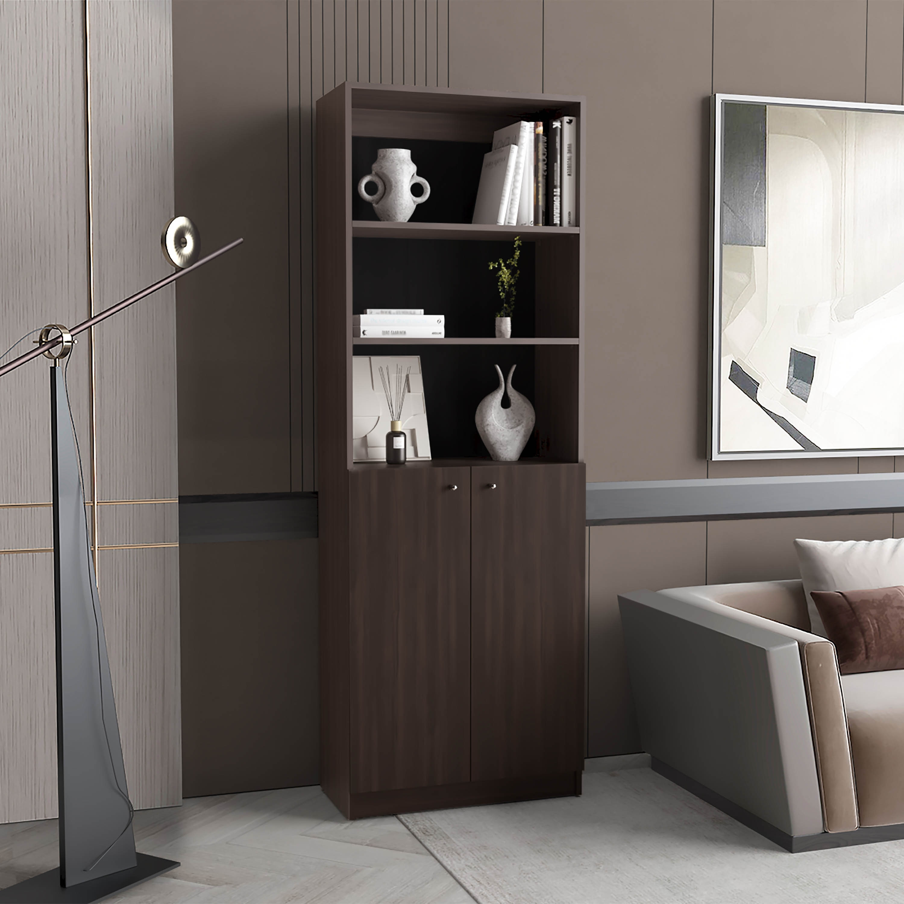 Home 2 Door Bookcase With Two Open Shelves And Concealed Storage,Stained Walnut