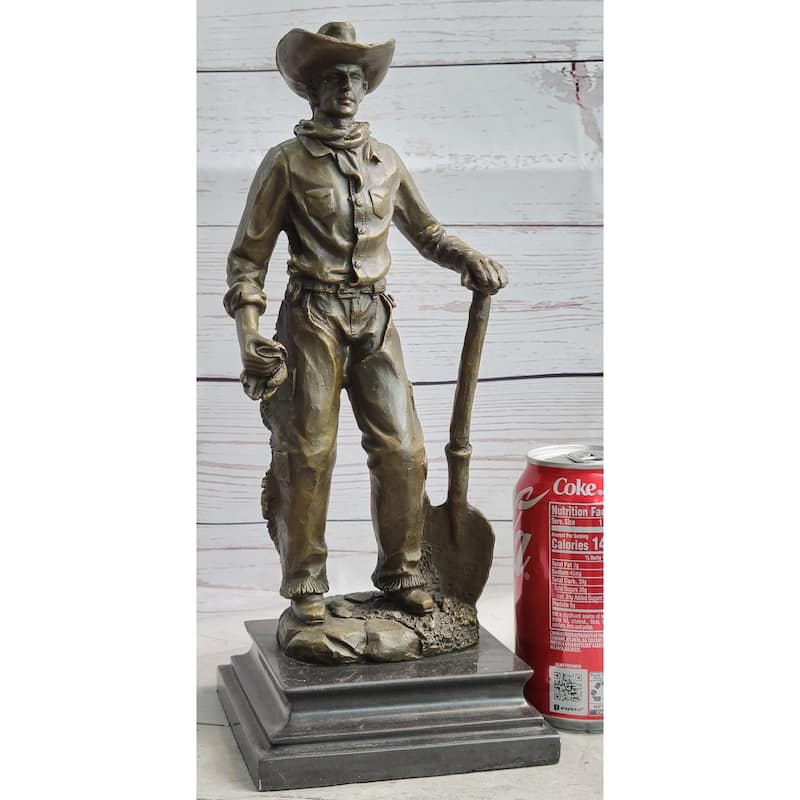 Cowboy In Chaps Holding Shovel Bronze Statue Sculpture Figure Country Western 12 Inches X 5 Inches