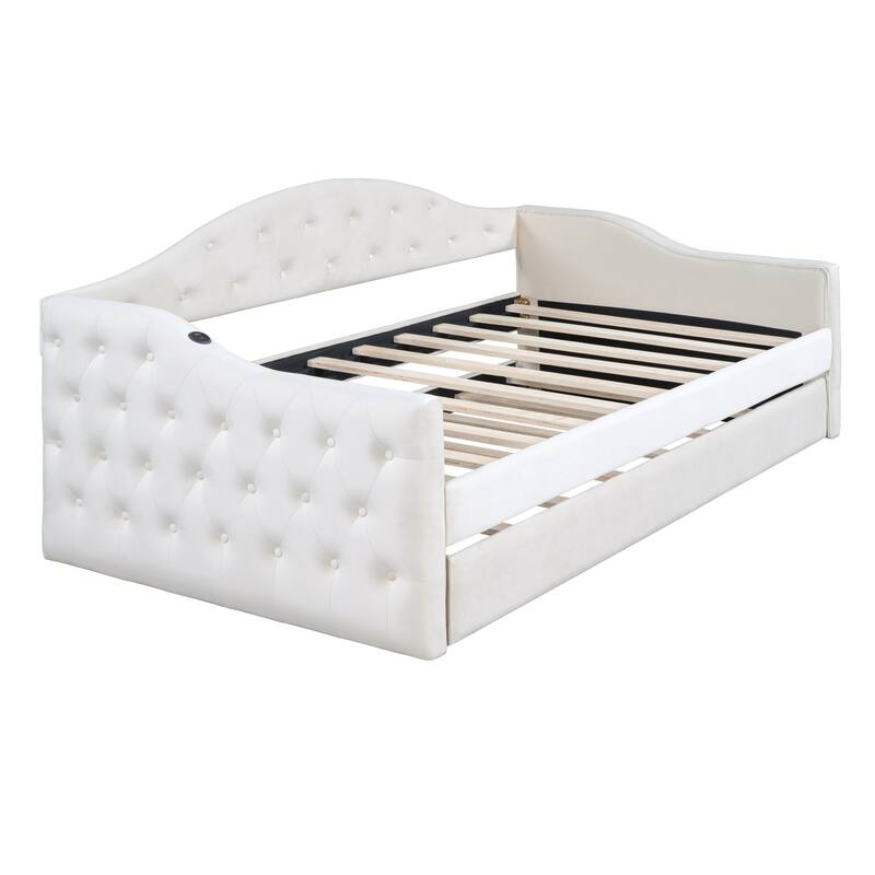 Tufted Upholstered Daybed with Trundle, USB and Type-C Charging Ports