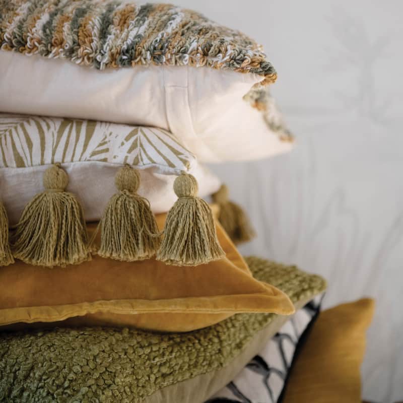 Cotton Pillow with Palm Frond Pattern & Tassels, Green and Natural