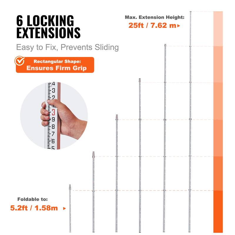 Aluminum Grade Rod, Telescopic Measuring Rod, Double-Sided Scale Leveling Rod Stick,Aluminum Alloy Survey Rod with Bubble Level