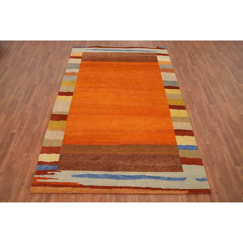 Hand Knotted Oriental 100% Wool Carpet Modern Bordered Oranges & Rust Gabbeh Area Rug - 9' 9'' X 6' 5''