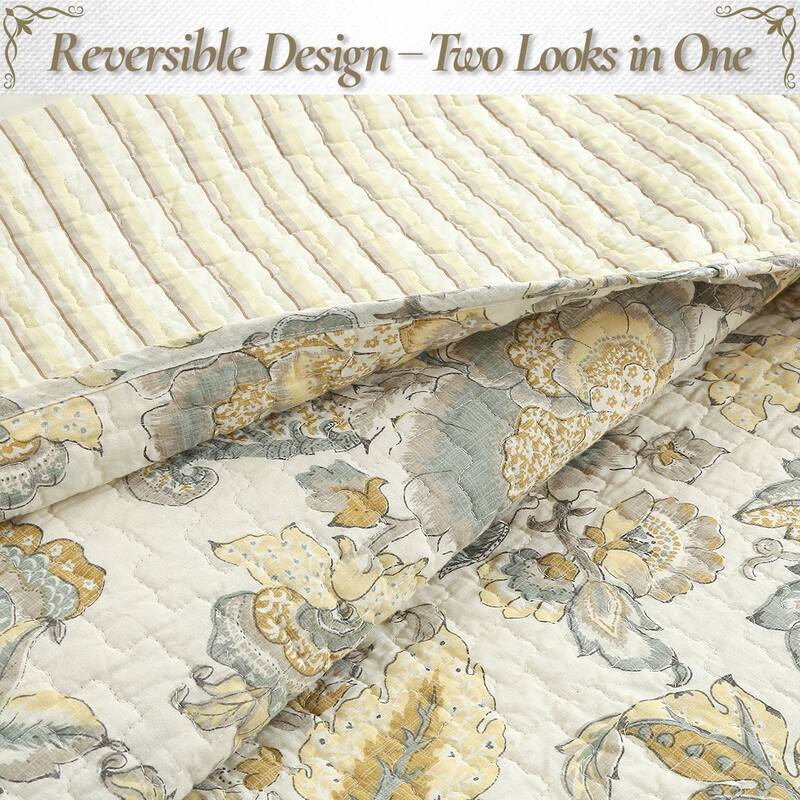 Cozy Line Autumn Floral Foliage Brown Beige Gold Cotton Queen 3 Piece Quilt Bedding Set