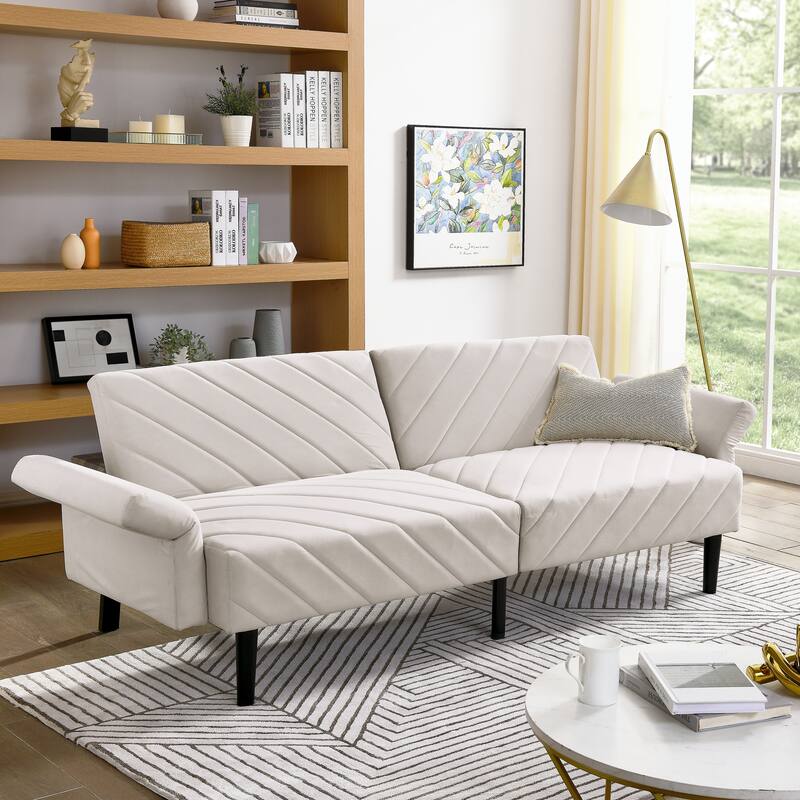 78'' Modern Tufted Velvet Upholstered Convertible Folding Sofa Bed with Adjustable Armrests - Beige