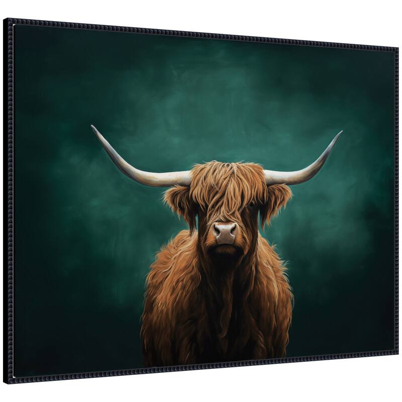Kate and Laurel Highland Cow on Tonal Teal Green Abstract by The Creative Bunch Studio Framed Canvas Wall Art Print - 42 x 32 - Black