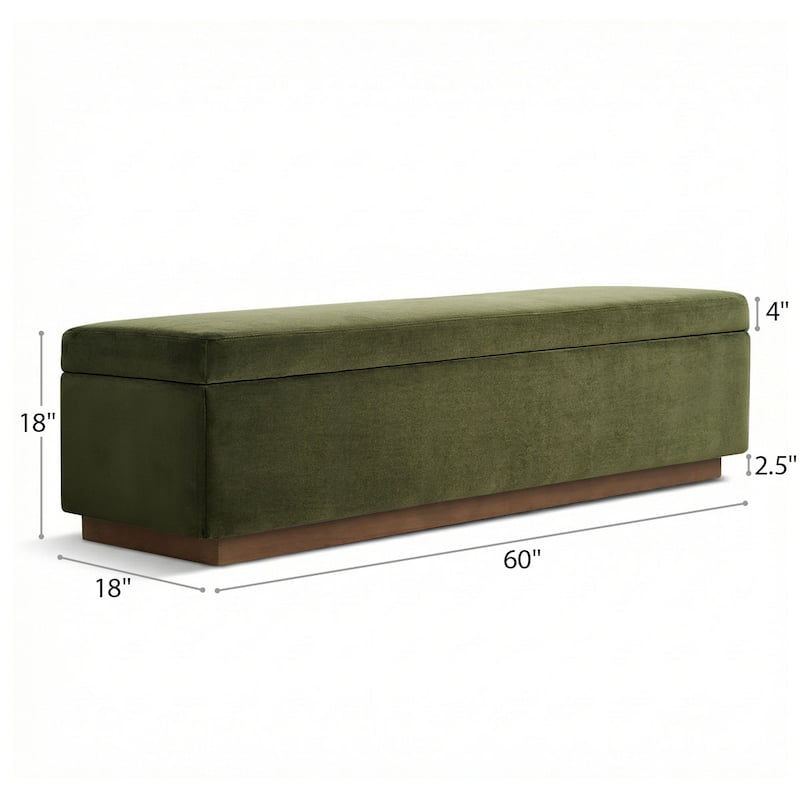60" Wide Mid-Century Velvet Storage Bench With Solid Wood Base