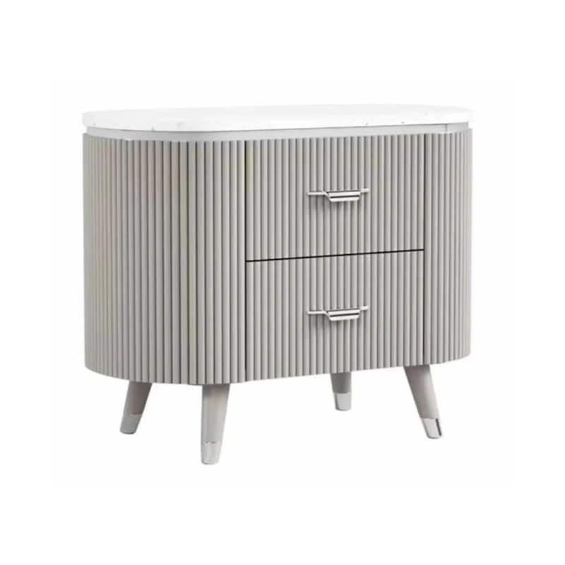 Gema Nightstand, 2 Drawers, Cultured Stone Top, Gray Wood, Silver Trim