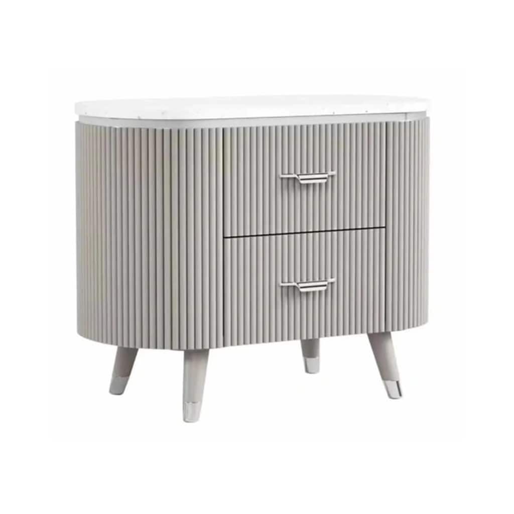 Gema Nightstand, 2 Drawers, Cultured Stone Top, Gray Wood, Silver Trim