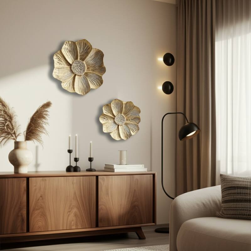 Metal Aluminum Wall Sculptures Floral Design (Set of 2) - 2" Gold - 15.5" x 15.5" x 2"