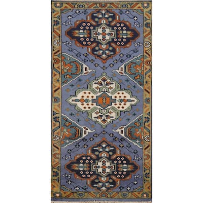 Blue Geometric Kazak Indian Accent Rug Handmade Floral Wool Carpet - 2'7"x 5'10"