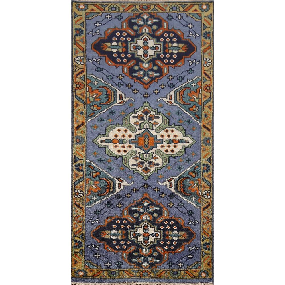 Blue Geometric Kazak Indian Accent Rug Handmade Floral Wool Carpet - 2'7"x 5'10"