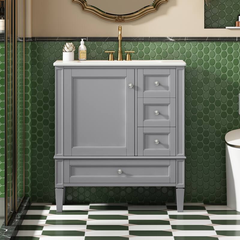 Bathroom Vanity with Ceramic Sink, Bathroom Cabinet with Soft Closing Doors, Vanity Set with 2-Tier Storage Rack and 3 Drawers