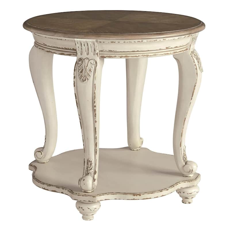26 in. Antique White and Brown Round Wood End Table, Sturdy Build End Side Table for Living Rooms