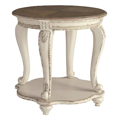 26 in. Antique White and Brown Round Wood End Table, Sturdy Build End Side Table for Living Rooms