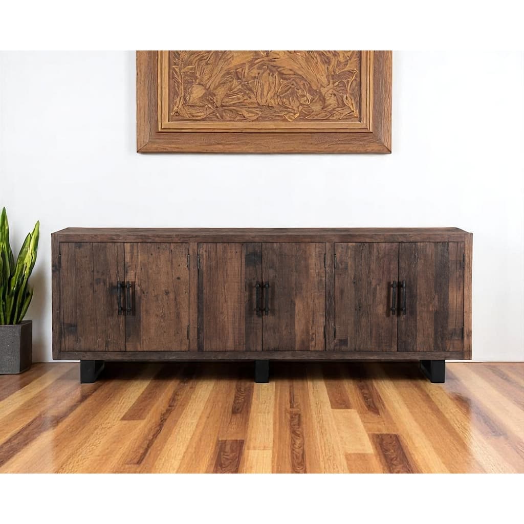 HomeRoots 100" Dark Brown Distressed Reclaimed Wood Sideboard with Six Doors - 100.00 in. x 36.00 in. x 18.00 in.