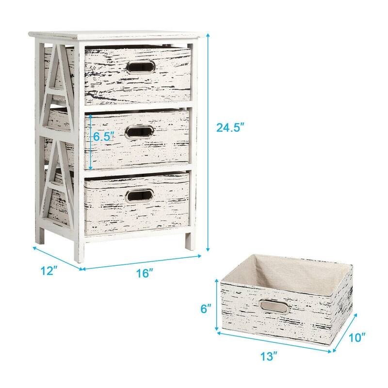 Vintage Wood Frame End Table Chest with 3 Fabric Drawers - 16" x 12" x 24.5" (L x W x H)