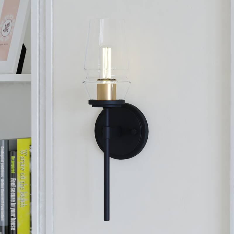 Warren Black and Brass Mid Century Modern Bathroom Vanity Wall Sconce Light Fixture Clear Glass - Matte Black and Brushed Brass - 4.75-in W x 16.25-in H x 5.5-in D
