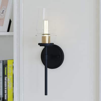 Warren Black and Brass Mid Century Modern Bathroom Vanity Wall Sconce Light Fixture Clear Glass