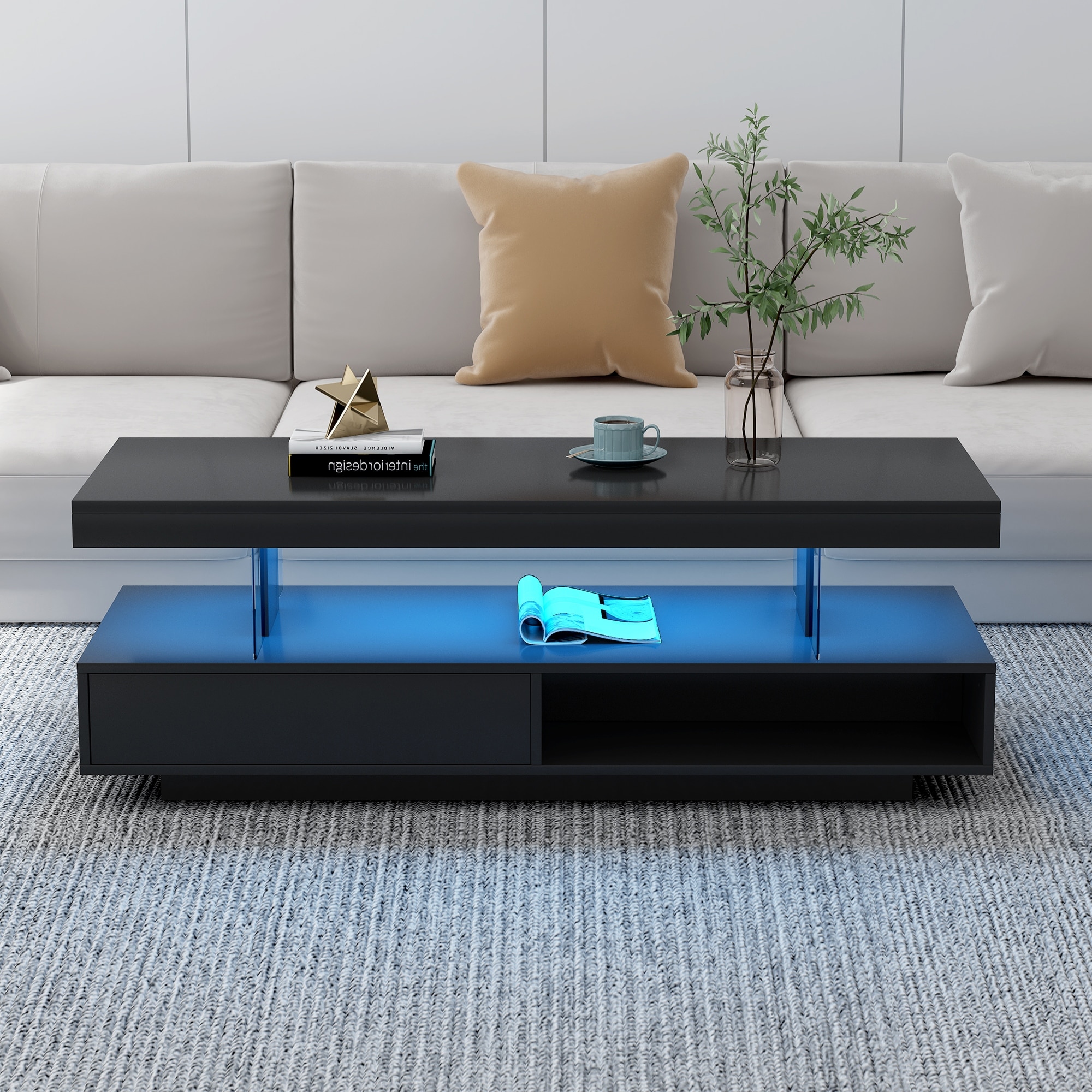 Modern Coffee Table Sofa Table with 2 Drawers and Display Shelves, Accent Table Center Table with LED Lights