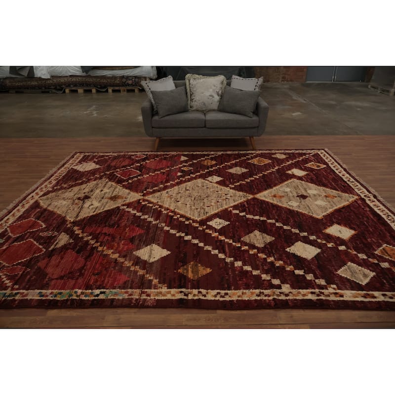 Hand Knotted Oriental 100% Wool Carpet Modern Tribal Red Moroccan Area Rug - 11' 9'' X 9' 3''