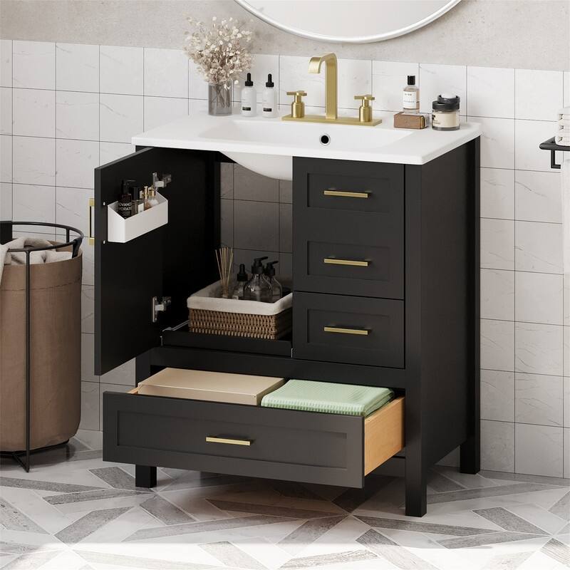 30" Bathroom Vanity with Ceramic Sink Top, Modern Bathroom Storage Cabinet with Soft Close Door, 3 Drawers and Removable Tray
