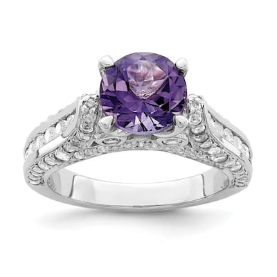 Curata 925 Sterling Silver Rhodium Plated 8mm Amethyst and White Topaz Ring
