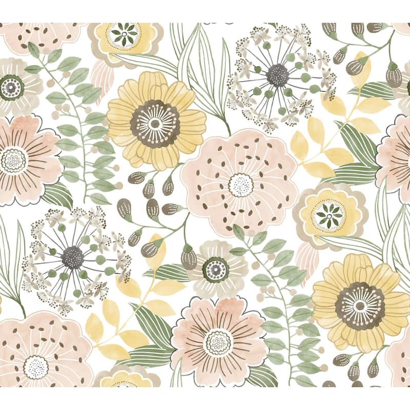 York Wallcoverings Artistic Bouquet Coral and Lemon Wallpaper