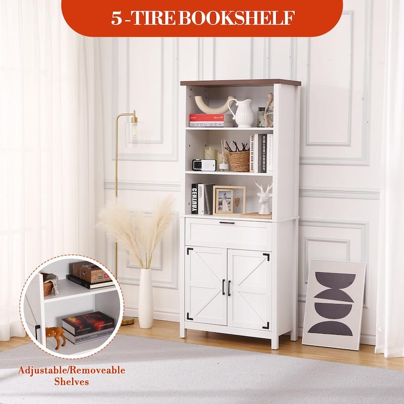72 Inch Bookshelf Bookcase with Doors, 6-Tier Farmhouse Bookshelf with Cabinet and Drawer