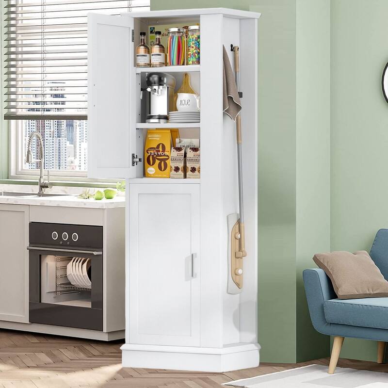 Kitchen Pantry Storage Cabinet with Hook, Freestanding Pantry Cupboard with Doors and Adjustable Shelves