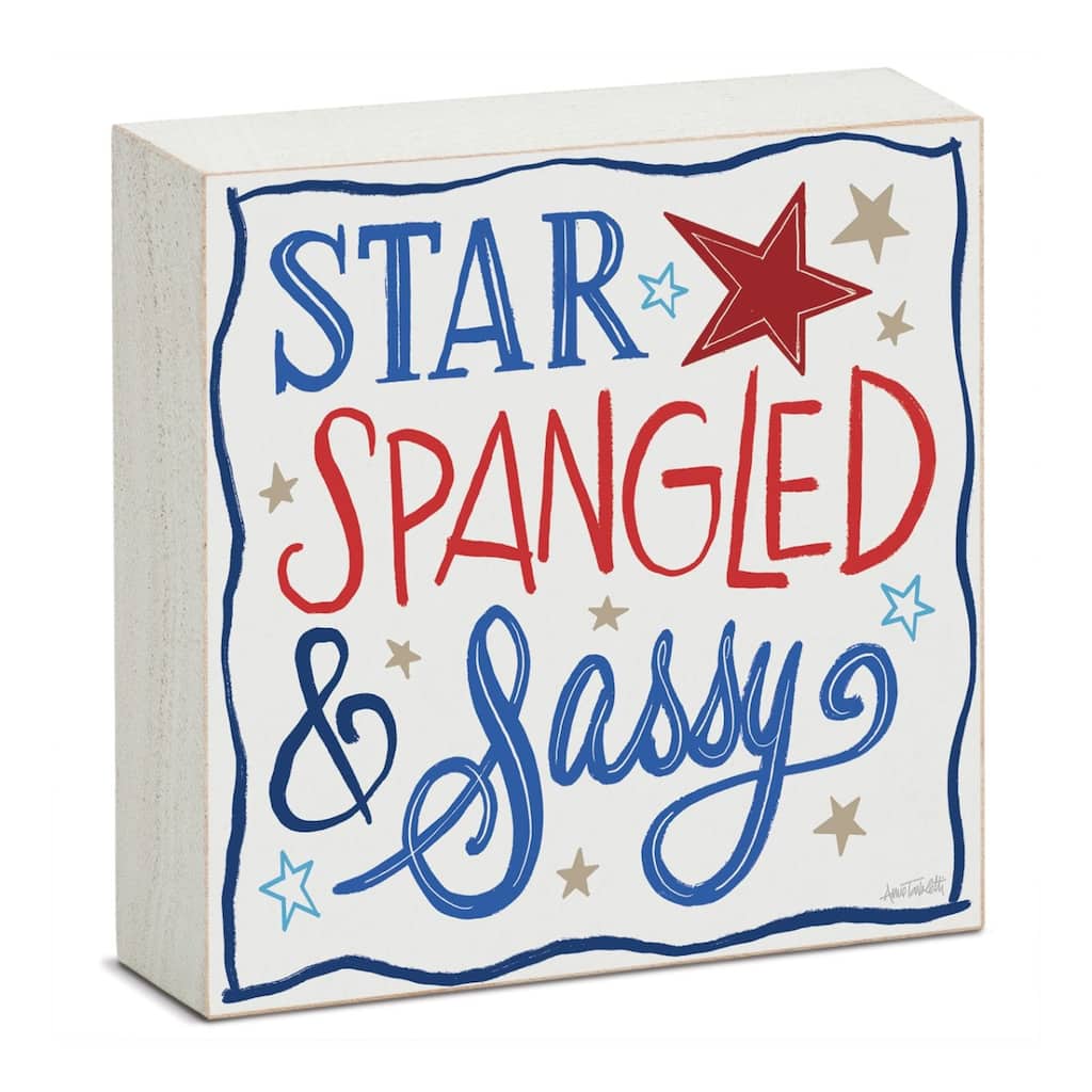 Star Spangled Artistic Freestanding Solid Wood Block Sign Made in the USA 3.75” Square Decorative Accent for Home or Office