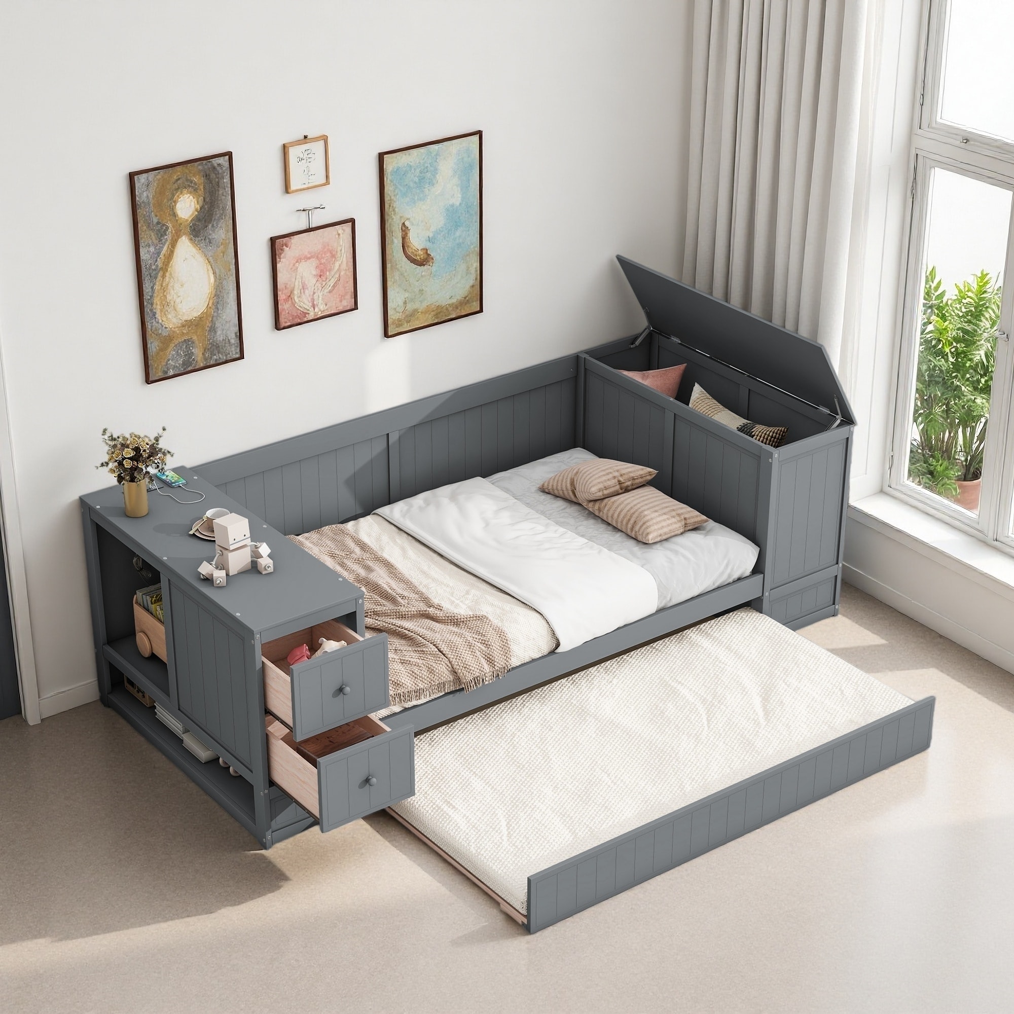 Twin Size Wood Daybed with Storage Arms, Trundle, and Charging Station
