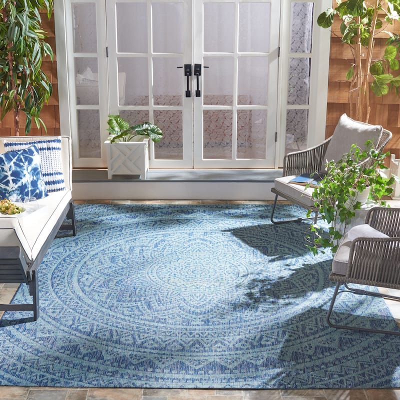 SAFAVIEH Courtyard Fran Mandala Indoor/ Outdoor Waterproof Patio Backyard Rug - 8' x 10' - Navy/Aqua