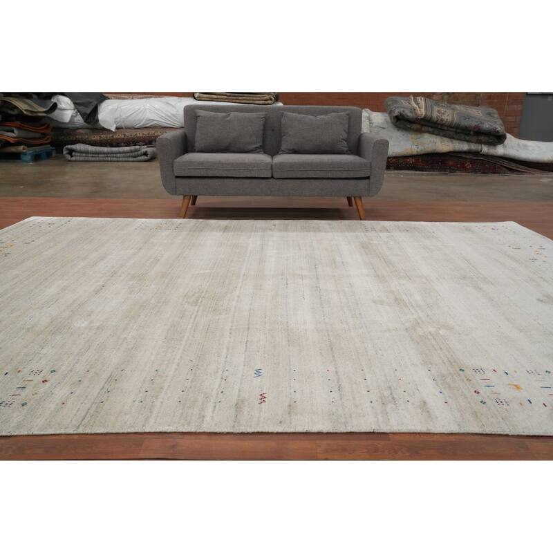Hand Knotted Oriental Viscose Silk Carpet Tribal Animal Pictorial Beige & Ivories Gabbeh Area Rug - 11' 10'' X 8' 8''