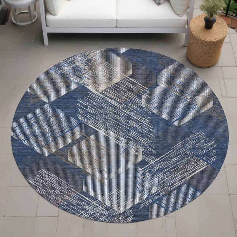 Machine Washable Indoor/ Outdoor Modern Hotchkiss Chantille Rug - Navy - 8' x 8'